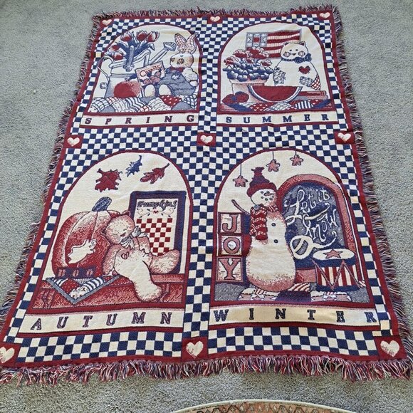 Vintage Howard Design Tapestry Throw Blanket All 4 Seasons Bunny Bear Snowman - Picture 1 of 9